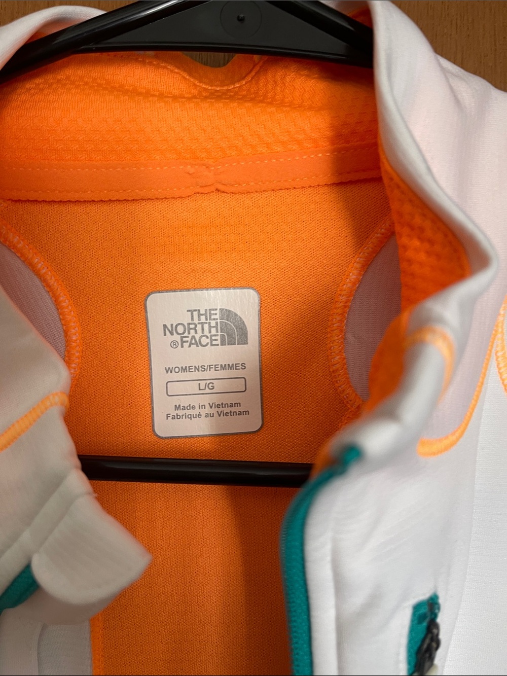 The North Face White Pullover with Bright Orange Panels and Teal Zipper - Picture 2 of 4